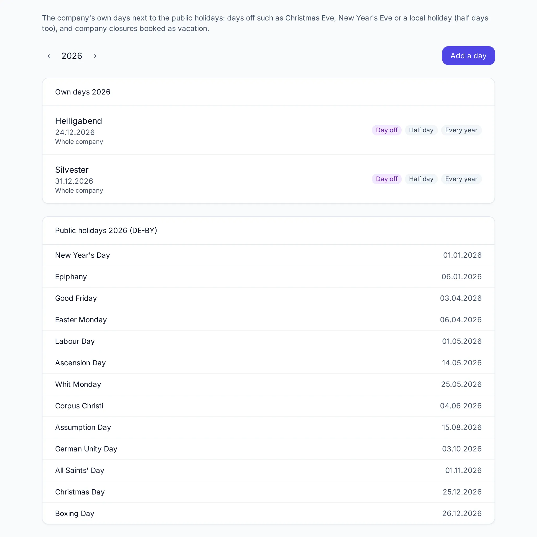 Admin → Company calendar