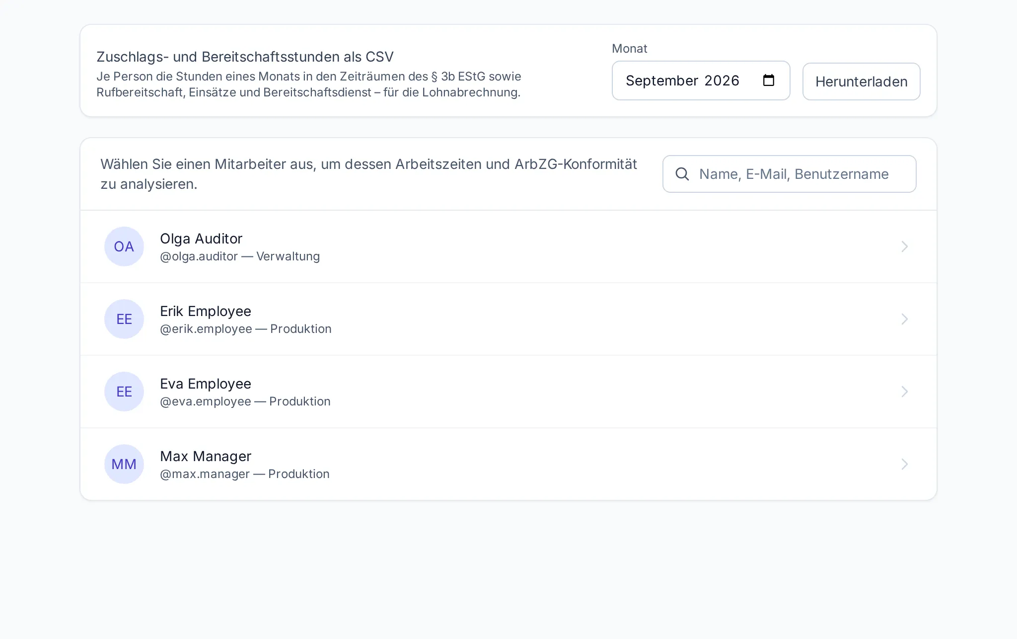 Admin → Zeitauswertung