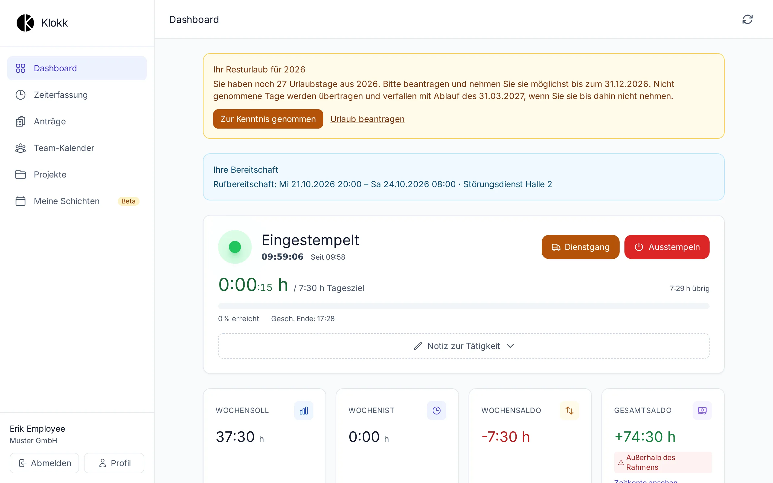 Das Dashboard mit der Stempeluhr
