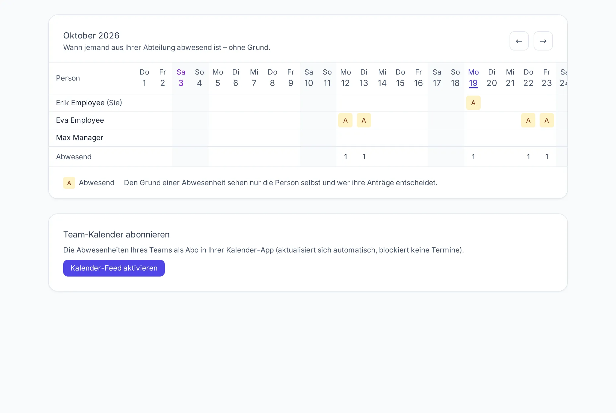 Der Team-Kalender aus Sicht von Mitarbeitenden